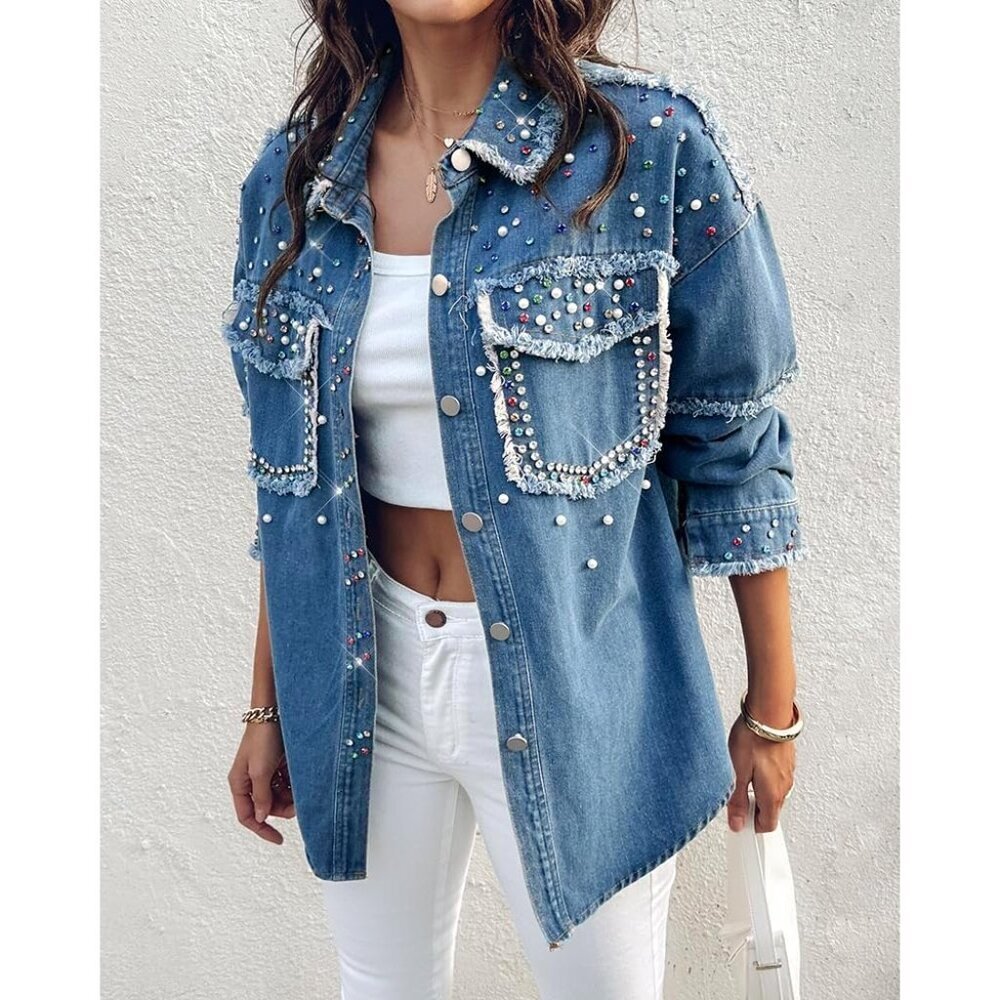 Women's Oversized Denim Jacket with Sequin Pockets Casual Outerwear - Picture 2 of 6